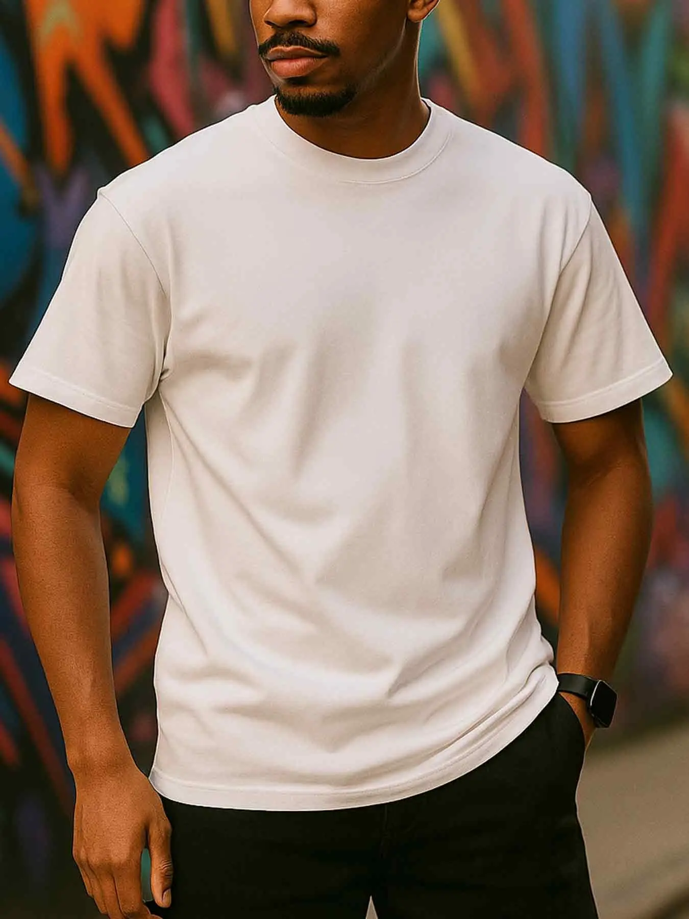 Men's Plus Size Basic White T-Shirt - Soft Round Neck Short Sleeve Casual Tee, Machine Washable Everyday Essential, Comfortable Plain Shirt for Urban Style & Layering, Year-Round Wear