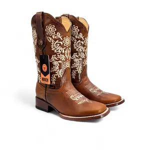 Women’s Square Toe Western Boots Honey Genuine Leather Embroidered 12” Shaft – H227251