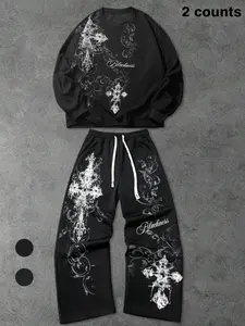 Men's Vintage Washed Tie-Dye Cross Ink Print Hoodie & Pants Set, Casual Fitted Long Sleeve Cartoon Pattern, Fall & Winter Fashion 2-Piece Outfit