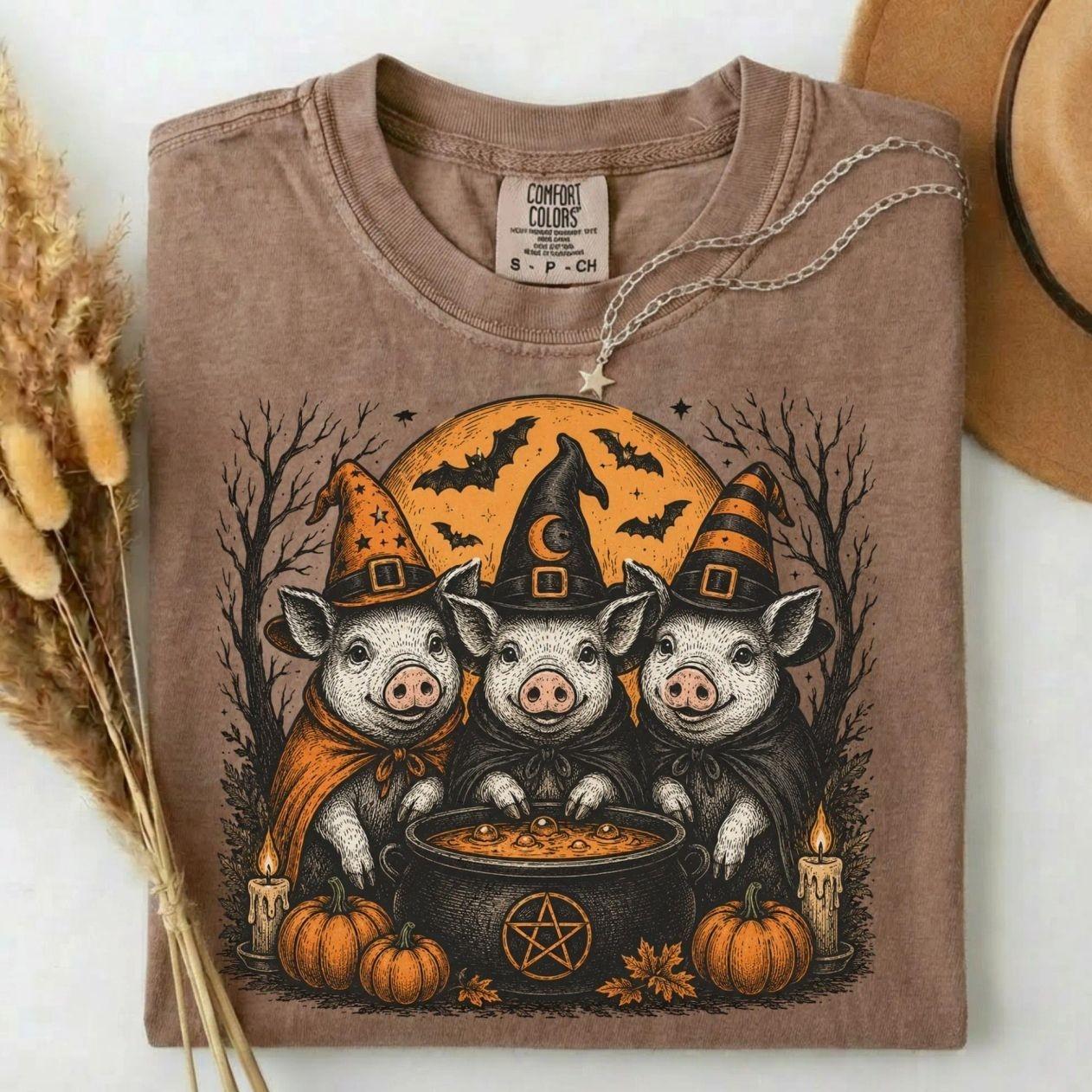 Comfort Colors Halloween Pig T-Shirt, Cute Witch Pig Graphic Tee, Spooky Farm Animal Shirt, Autumn Pumpkin Cottagecore Witch Costume, Funny Spooky Season Outfit, Country Barnyard Apparel, Cute Halloween Shirt Gift for Pig Lovers, Women & Men