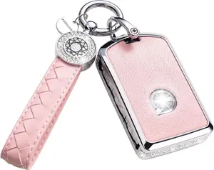 Key Fob Cover Compatible with Volvo, Pink Leather Crystal 360 Degree Protection Key  Case for XC90, XC60, XC40, S60, S90, V60, V90, Polestar 1, Polestar 2