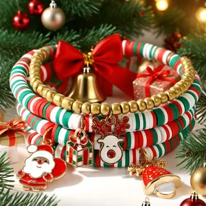 Shinus Boho 4PCS Christmas Day Heishi Beaded Bracelets for Women Stackable Vinyl Disc Clay Stretch Bracelet Elastic Layering Friendship Winter Jewelry Gifts, gift for her
