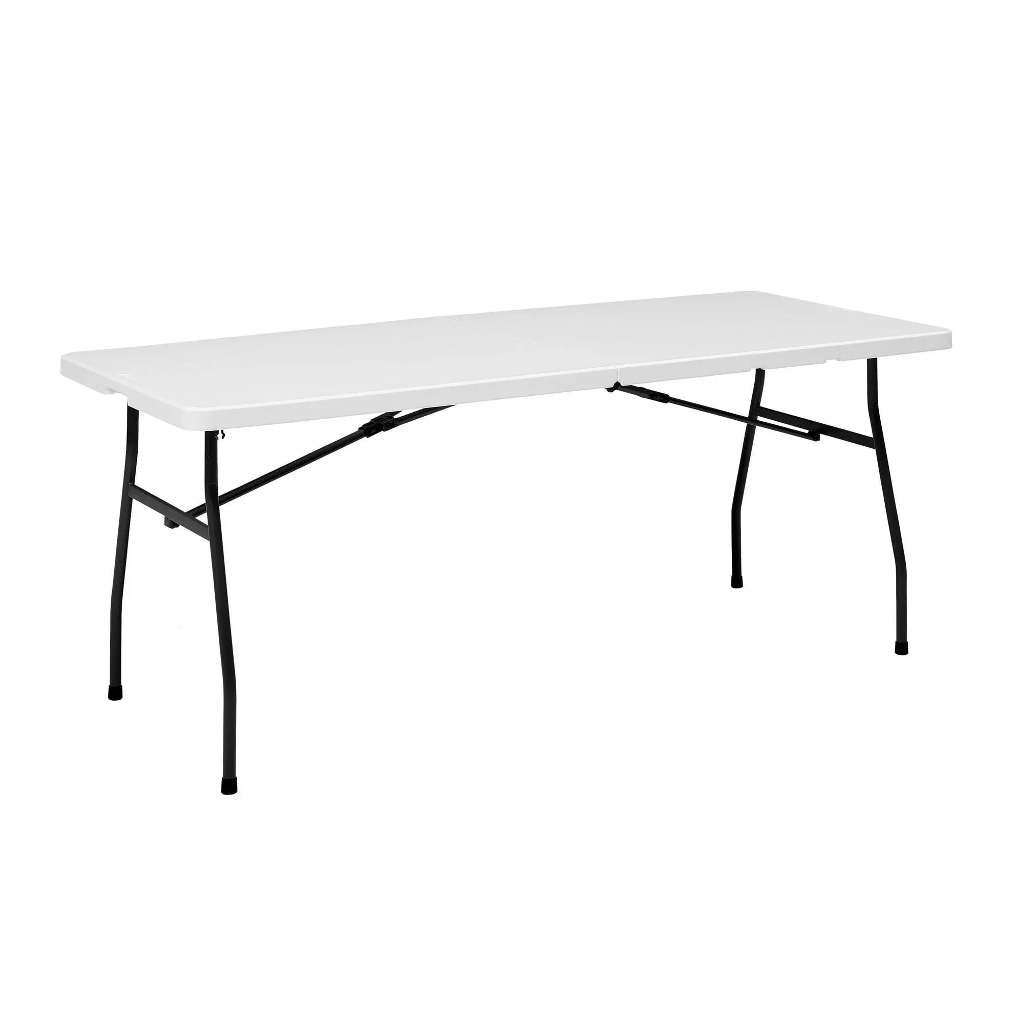 Mainstays White 6 Foot Fold-in-Half Plastic Table, Indoor Outdoor, Scratch Resistant, Stain & UV Damage, Built-in Carry Handle