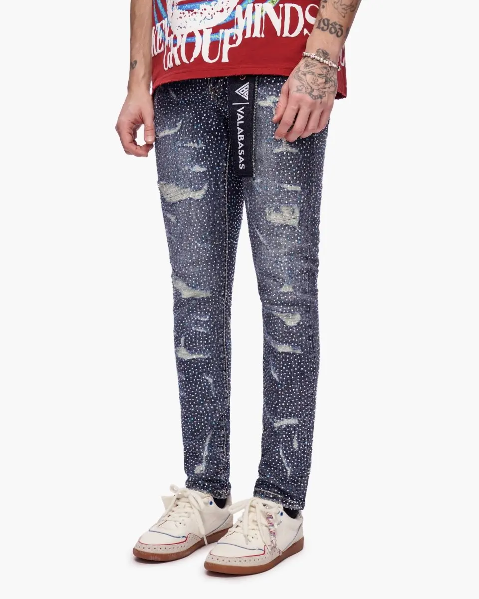 Men's Skinny Fit Tapered Jeans with All-Over Rhinestones, Heavily Distressed Dark Wash Stretch Denim, Early 2000s Grunge Aesthetic Streetwear, Menswear, 00S Style Men's Jeans, Heavy Embellishment, Pants, 2000S Throwback, Classic, Indigo, Trendy Jeans