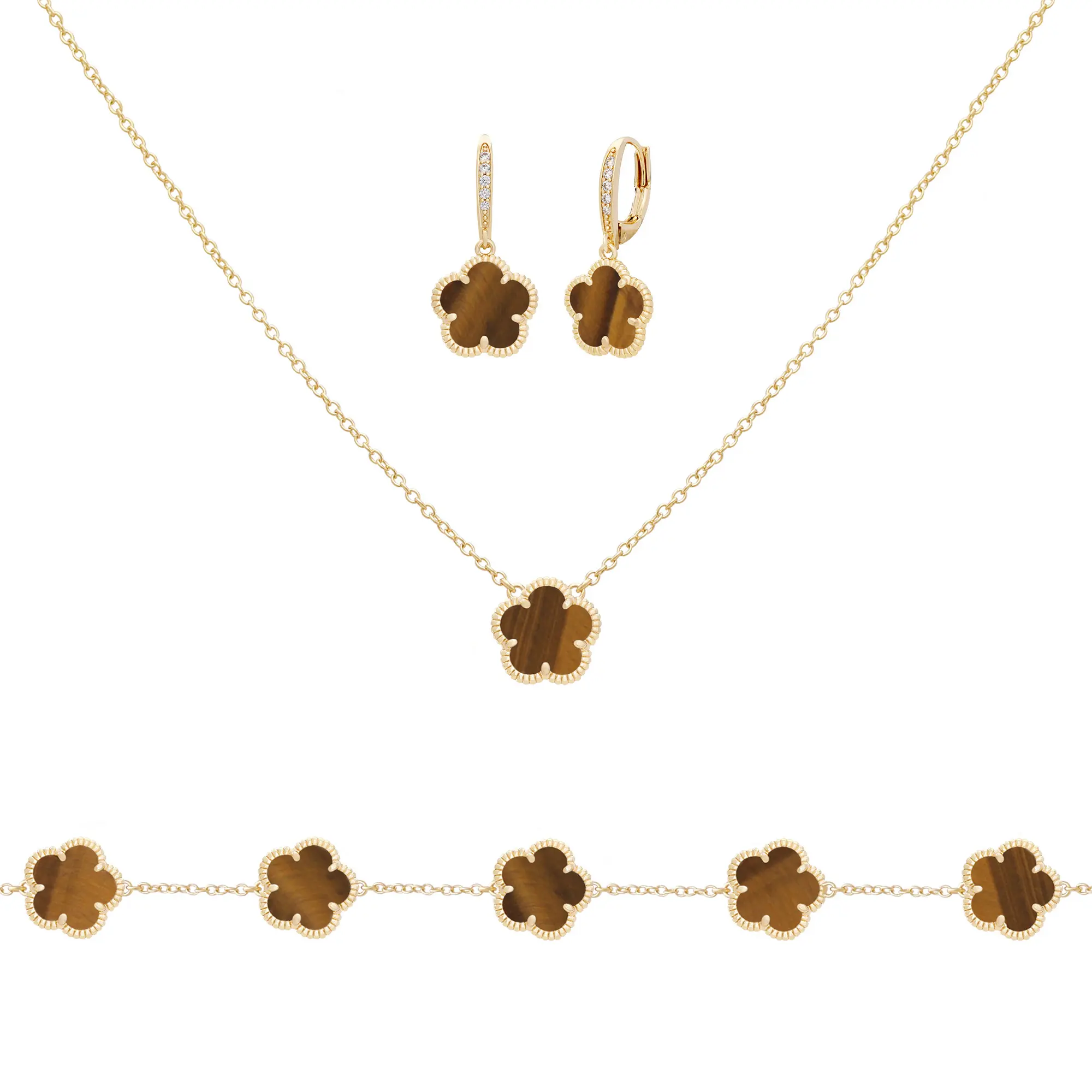Jankuo 3-Piece 14K Goldplated Brass Tiger eye Necklace, Earring & Bracelet Set