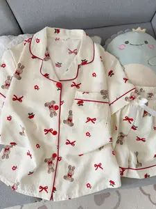 Lightweight Comfortable Summer Pajama Set, Cute Bear Cartoon Short Sleeve Shorts Set, Breathable Casual Loose-Fitting Home Wear