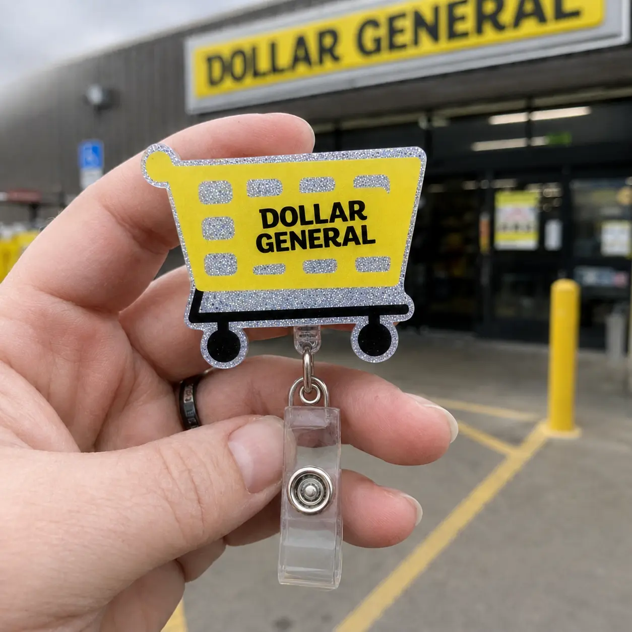 Cashier Badge Reel, Shopping Cart Glitter Acrylic Retail Worker Badge Holder, Retractable Clip for Grocery Store Employee Staff