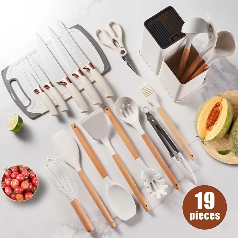 GalentinesDay Kitchen Utensils Set, 19pcs/set Including SiliconeCooking Utensils Set & Holder & Cutting Board,Non-stick Cookware Set, Modern CookingUtensils Set for Home Kitchen Black Wooden Spatulas Wooden Lid Spoon White Pink
