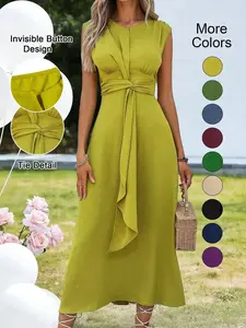 Women's Sleeveless Round Neck Plain Waist-Cinched A-Line Casual Dress with Slimming Front Design and Elegance, Chic, Perfect for Everyday Daily Commute, Soft Touch, Stretchy, Fashion, Lightweight, Relaxed Fit