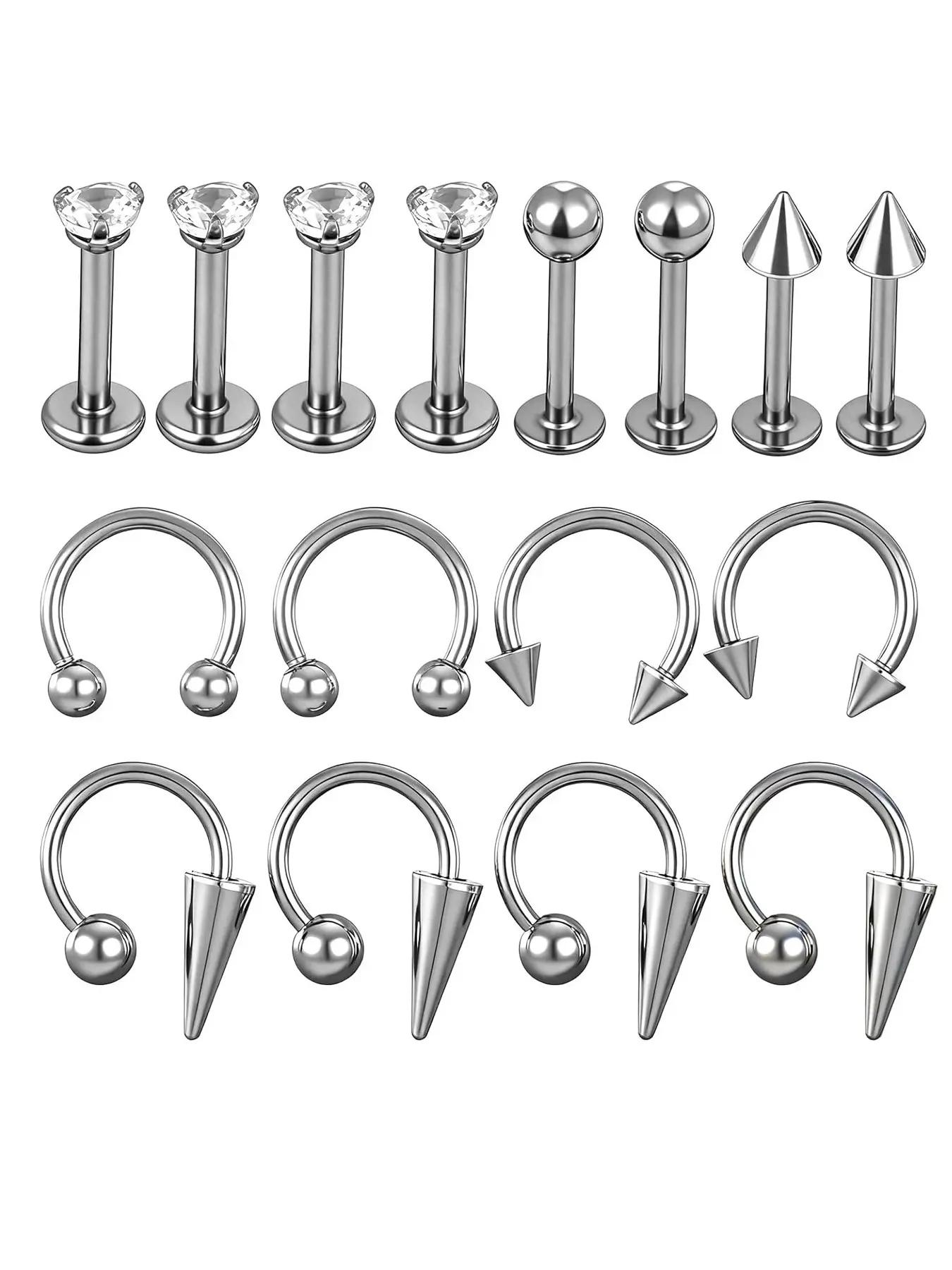 16 Pcs Lip Rings Set, Barbell Ring Horseshoe Labret Jewelry, Lip Labret Studs, Long Short Spike Ball, Snake Bites Lips Piercing, for Women Men