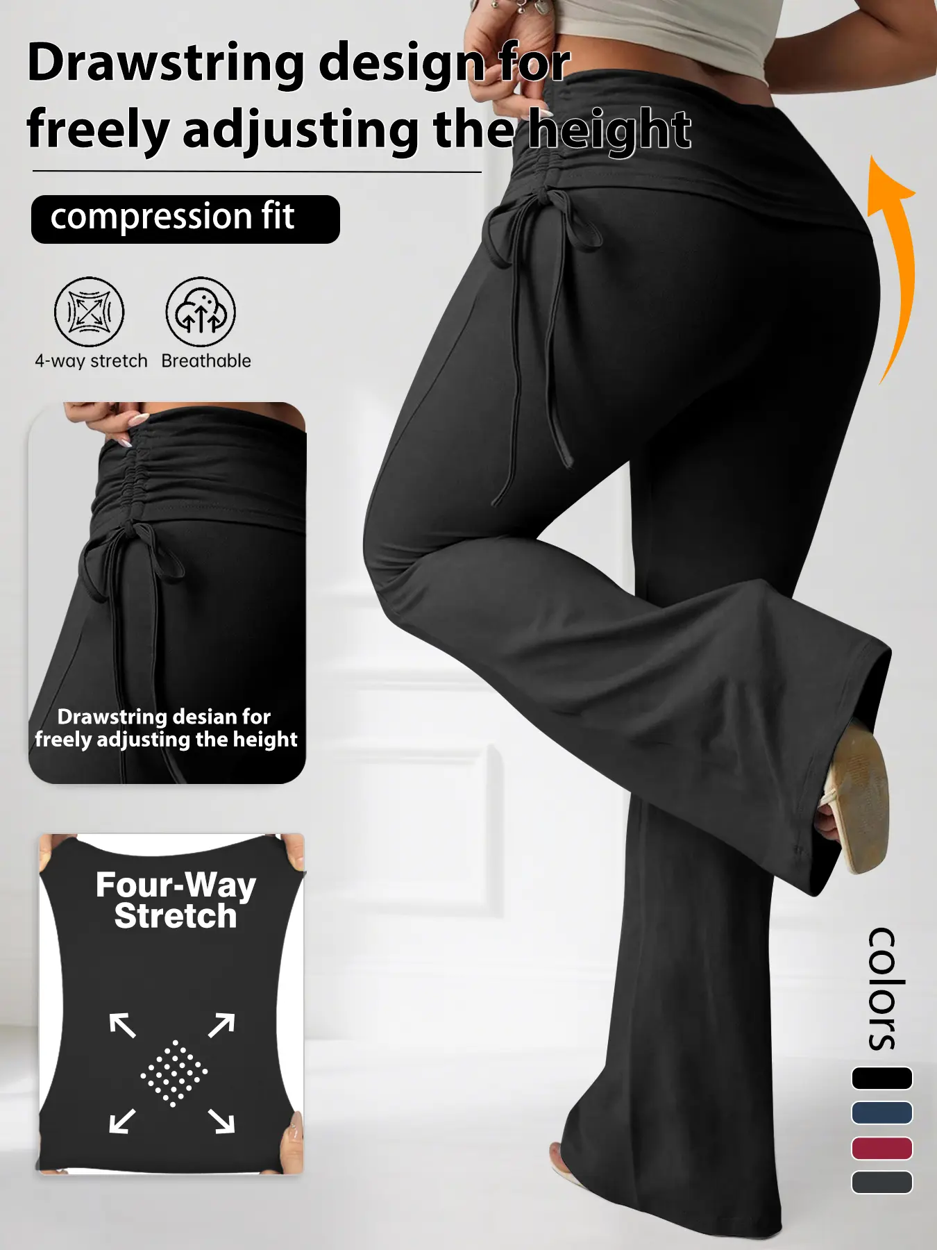 Women's Plus Size Flare Pants with Side Drawstring Ruching Design, Soft Stretch Fabric, Casual Comfy Elastic, Basic Casual Fashion Essential, Elegant Solid Color High Quality Fit Stretchy Womenswear