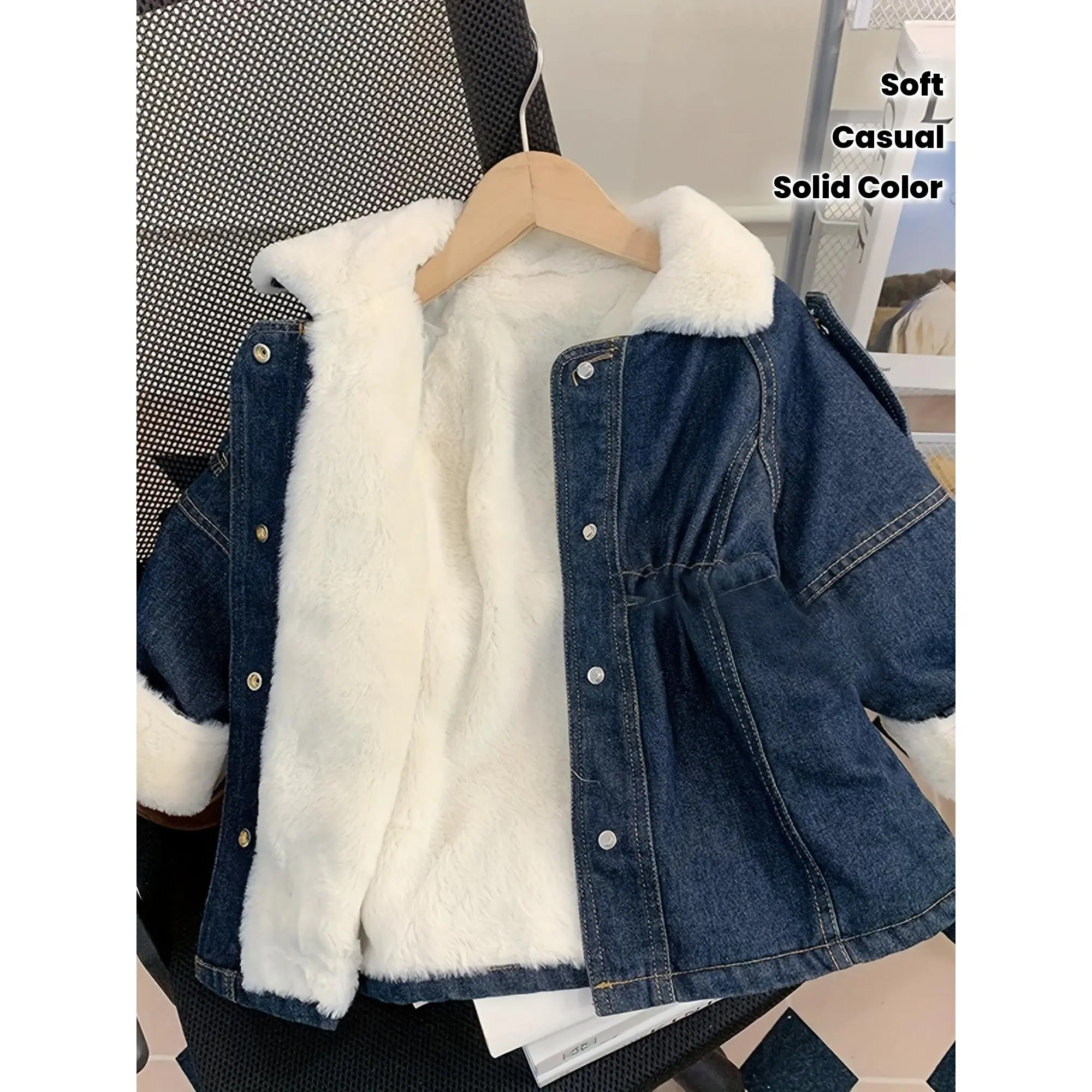 Girls' Winter Coat with Plush Faux Fur Lining - Thickened Mid-Length Casual Long Sleeve Coat Toddlers & Kids, Solid Color Button-Up Front, Cozy Fall/Winter Outerwear, Cozy Fall Wear, Classic Buttonup Coat, Soft Texture Coat
