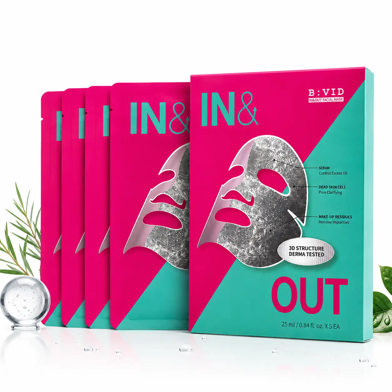 BIVID IN OUT Bio Cellulose Face Mask for Pore Care, Korean Dual Layer Sheet Mask with Tea Tree, Witch Hazel, Hyaluronic Acid & Hydrolyzed Collagen, Second Skin Fit, Hydrating Facial Mask, 5 Count