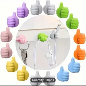 [20pcs Wall Hooks] 20pcs Premium Polished Plastic Thumb Wall Hooks - Versatile Adhesive Cable Clips for Data, Earphone Cords & Keys - Ideal for Office Organization