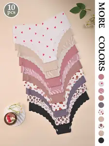 Women's Floral, Leopard & Heart Print Thong Panties Comfortable Seamless Design, V-Waist Ruched Trim, Casual Fitted Underwear for All Seasons