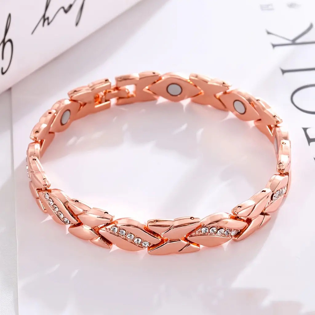 Magnetic Copper Leaf Bracelet for Women, Exquisite Jewelry with Diamond Accents, Adjustable with 3500 Gauss Magnets, Beautiful Bracelets, Jewelry Bracelet