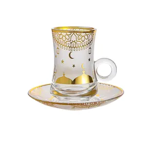 3.5in High Arabic Style Teacups Vintage Turkish Tea Glasses Cups Saucers Set for Women Glassware Drinking Party Moroccan Persian Coffee Glass Cups, and Saucers Gold Drinkware