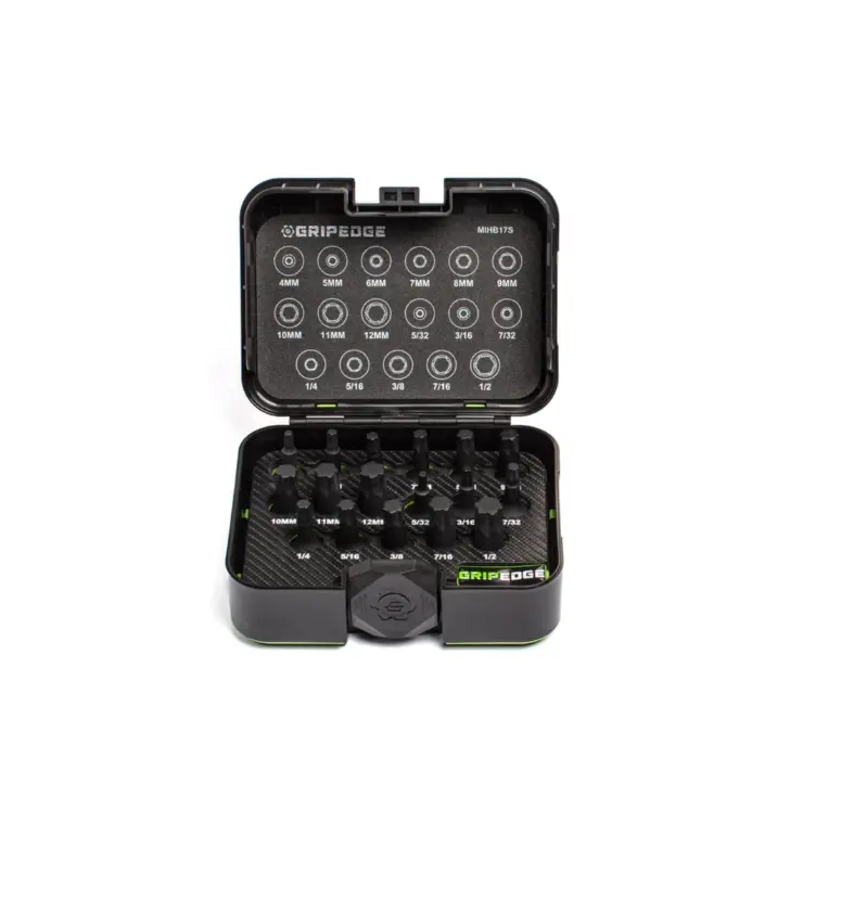GripEdge 17-Piece Impact Hex Driver Set, 3/8'' Drive, Standard Metric & SAE Sizes, 4-12mm Range, Cr-Mo Steel, Automotive & Industrial Use, Part #MIHB17S