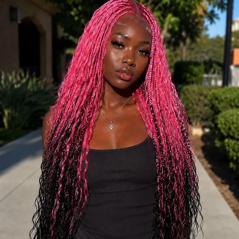 Luxury Custom-Color Human Hair Lace Front Boho Braided Wig (26in) - Custom Pink & Black, Handmade, Pre-Styled, Party-Ready, Daily wear, Wigs by Aya