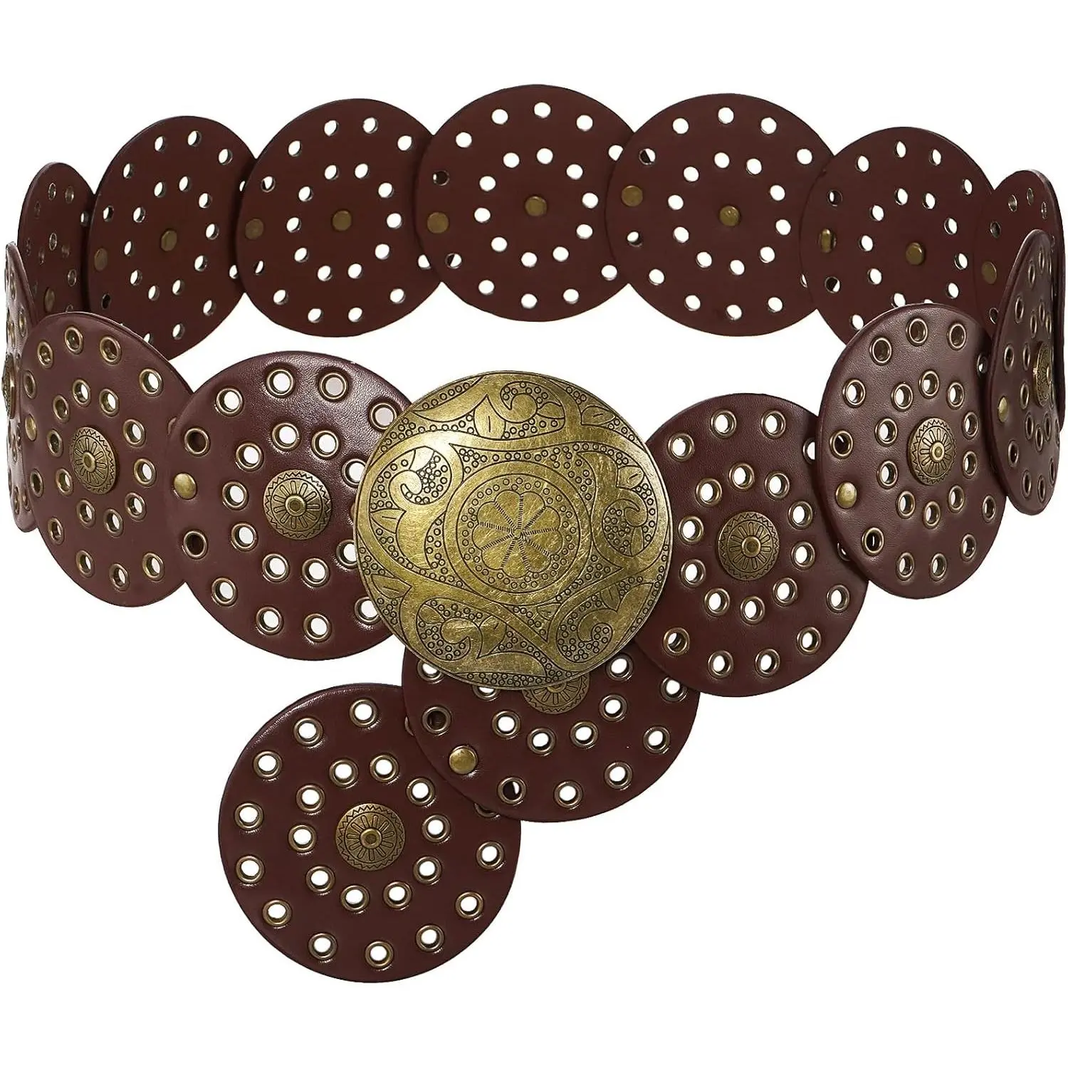Wide Disc Belt for Women Leather Hollow Out Round Belts Vintage Western Waist Belt