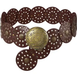 Wide Disc Belt for Women Leather Hollow Out Round Belts Vintage Western Waist Belt