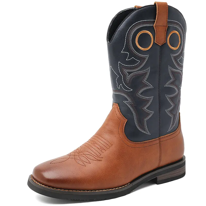CYUW men’s traditional Western cowboy boots, mid-height shaft with refined boot embroidery and a round top detail, square toe design, durable layered chunky heel, versatile for rodeo and everyday wear