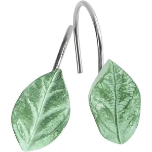 12PCS Leaves Spring Shower Curtain Hooks, Green Shower Hooks for Shower Curtain, Rust Proof Shower Curtain Rings Realistic Leaf Curtain Hooks for Bathroom Bedroom Living Room Decor