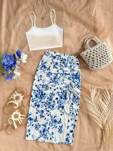 Summer 2-Piece Set Casual Bohemian Holiday, Solid Color Thin Strap Top and Floral Split Skirt, Stylish Lightweight Summer Wear for Women, Lady Womenswear
