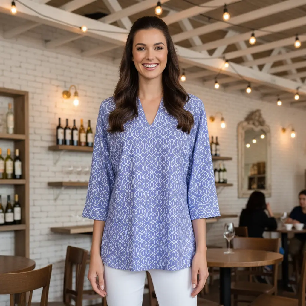 Boca Tunic Top in Imperial Trellis Lilac and White