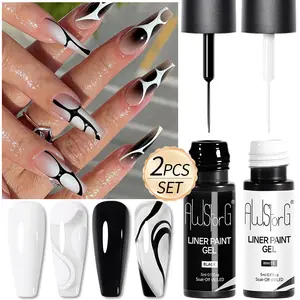 AWStorG 2Pcs/Set Black White Liner Gel Nail Polish Set, French Line Graffiti Painting Stripe Design, Ultra-fine Brush Head, Soak-Off Gel Varnish Girls Nail Art Gift