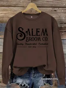 Women's Casual Salem Broom Halloween Witch Graphic Pullover Sweater, Soft Long Sleeve Round Neck Sweatshirt, All Seasons Wear