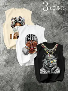 Men's Casual Sleeveless Tank Top Set, Geometric Pattern, Fitted Style, Ideal for Travel and Home, Comfortable Fabric, Three-Piece