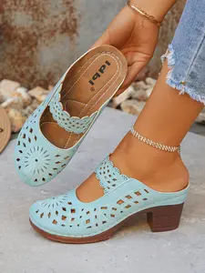 New Women's Hollow Carved Chunky Heel Mules, Open Toe Backless Slip-On Sandals, Vintage Style Breathable Summer High Heels, Footwear