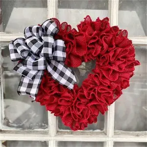 13.7 Inch Heart-Shaped Red Fabric Flowers Valentine's Day Wreath Wedding Decoration