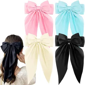 Silky Hair Bows for Women Big Bow Hair Clips Satin Bow Hair Barrettes Clips for Girls French Style Bowknot Hair Clips with Long Tail Ribbon Hair Bow Clips Coquette Bows for Hair