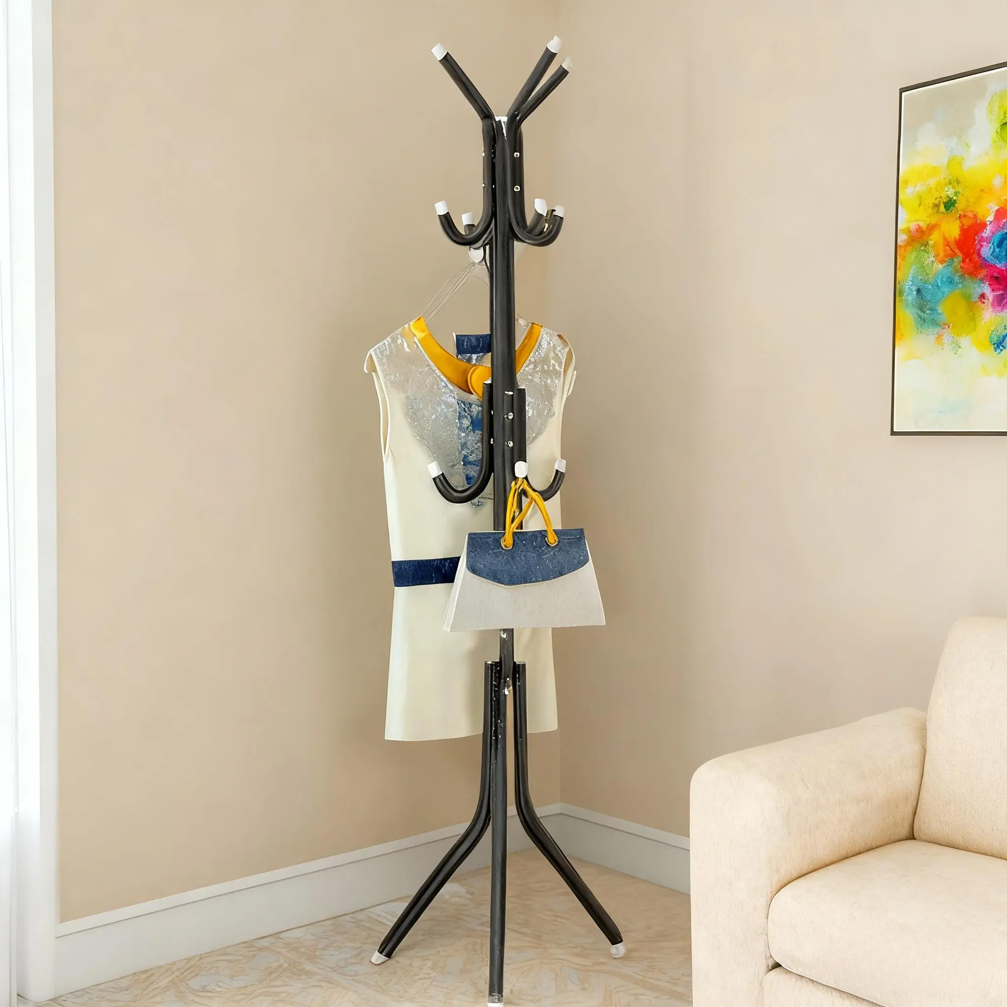 Freestanding Garment Rack Coat Rack - Hall Tree with 12 Hooks, Sturdy Triangular Base, Space-Saving Entryway Stand for Clothes, Hats, Bags - Home Furniture for Hallway, Bedroom