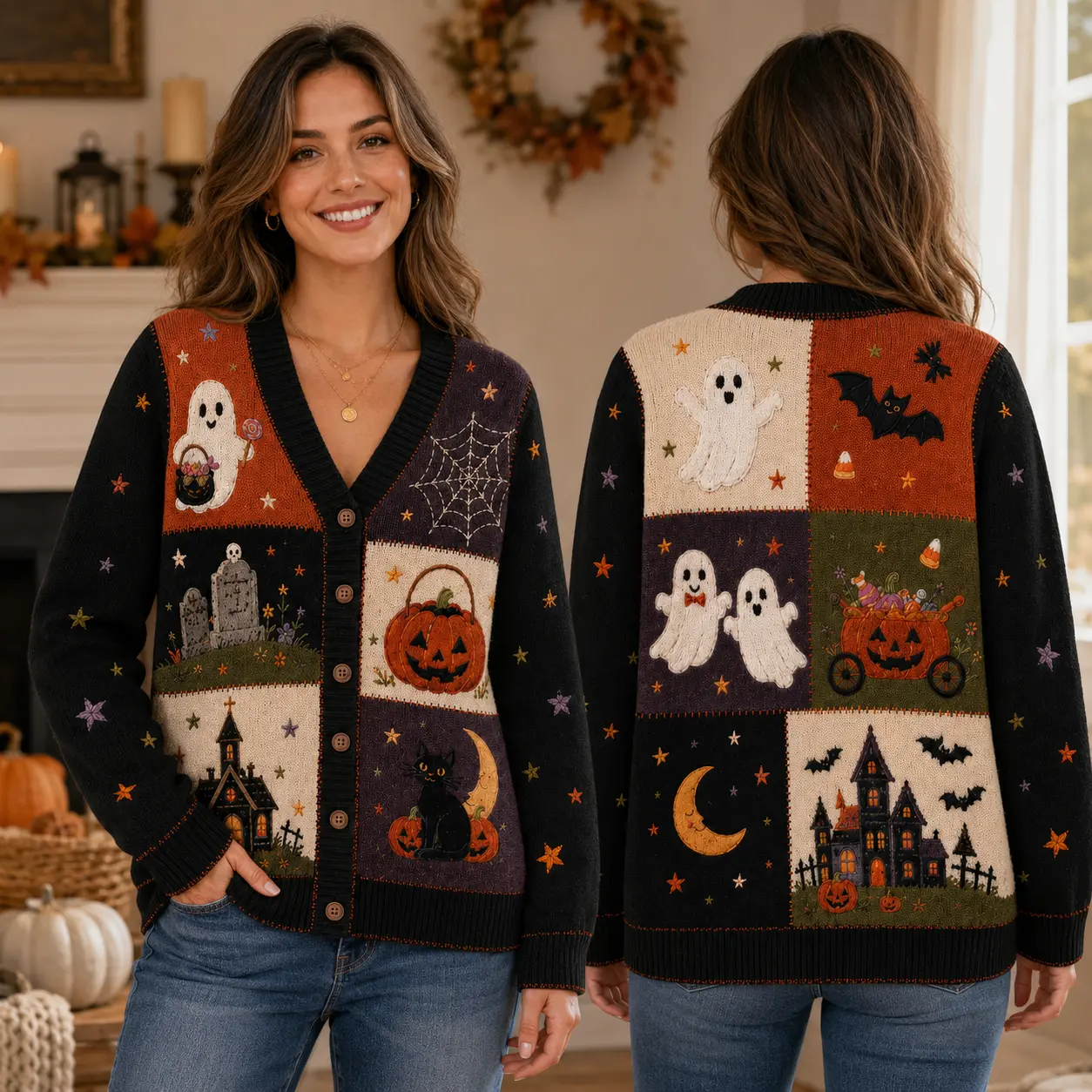 Women’s Halloween Patchwork Cardigan Sweater, Cozy Fall Button Up Knit Cardigan, Spooky Season Long Sleeve V Neck Sweater, Autumn Gift for Her