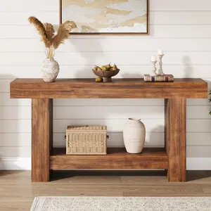 Garvee Farmhouse Console Table for Living Room, Long Console Table for Entryway, 2-Tier Large Sofa Table with Storage, Entryway Entry Table for Entrance, Hallway, Brown, 63"