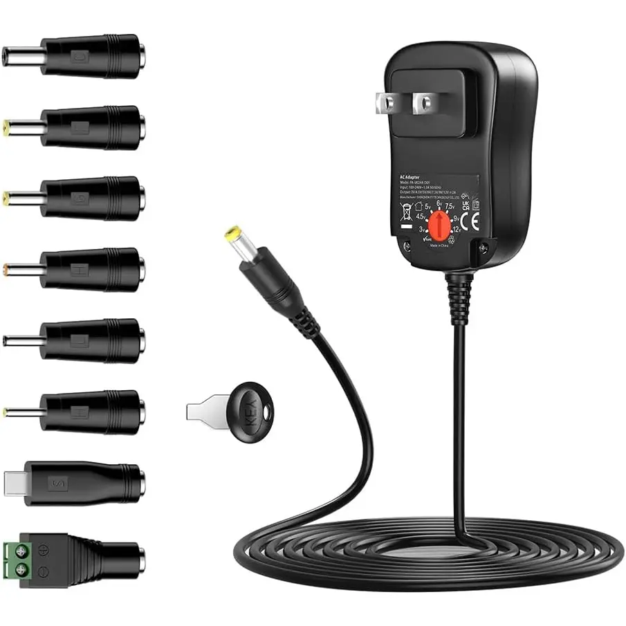 24W Multi  3V 4.5V 5V 6V 7.5V 9V 12V Universal AC DC Power Adapter  for Household Electronics - Max Amp 2000mA