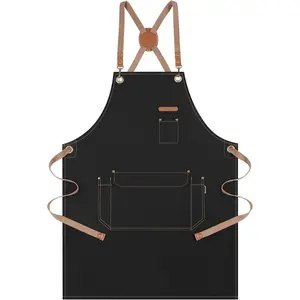 ANSQU Chef Apron for Men Women Black Cotton Canvas Cross Back with Pockets Adjustable Straps Removable for Kitchen Cooking Baking Artist Painting Universal Size M to XXL Household Items Christmas Gift Set Stock Up