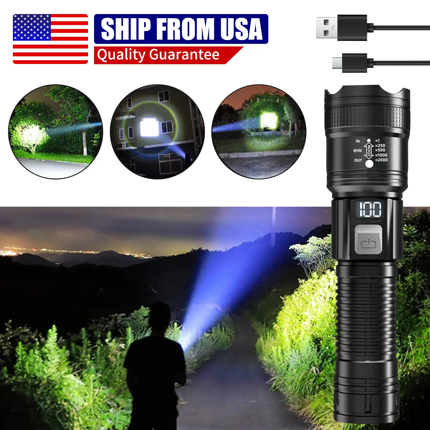 Tactical LED Flashlight, Rechargeable with Power Bank & Digital Display, Compact Waterproof Aluminum Body, Zoomable 3-Mode Light for Camping & Outdoors, Rechargeable Waterproof Led Torches, Hiking / Light Outdoor, Digital Screen, Led Portable Torches