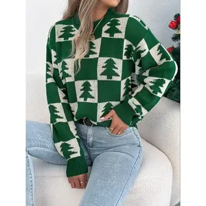 Women’s Christmas Plaid Tree Pattern Sweater Knit Pullover, Long Sleeve Crew Neck, Autumn/Winter, Holiday Commuter Wear