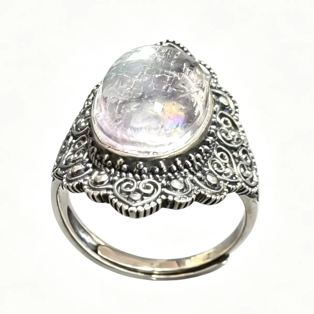 925 Silver Vintage Natural Kunzite Ring - Unisex Adjustable, 13×10mm Oval Cabochon, Antique Finish, Ornate Filigree Design, Dreamy Appearance, Fits Most Ring Sizes, Adult Boho Statement Jewelry with Calming Energy