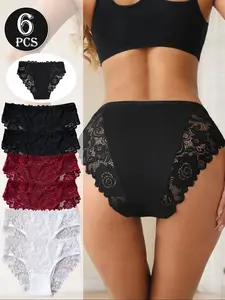 Women's Lace Panties Set of 6, Ultra Soft Breathable Fabric, Sexy Slim-Fitting High Cut, Natural Waist, All Seasons, S-Xxl