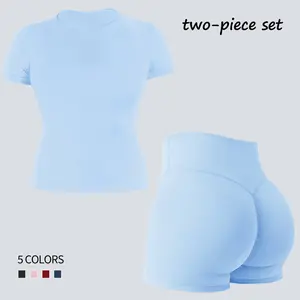 Jetjoy Women 2 Piece Workout Sets, High Waisted Tummy Control Biker Shorts+ Short Sleeve T-Shirts Tank Top Two Piece Lounge Sets Casual Summer Outfits 2 Piece Short Matching Clothing Set,summervibes,Summeroutfit