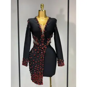 Luxury Birthday Women Celebrity Sexy Long Sleeve V Neck Rhinestone Black Bandage Dress 2025 Elegant Evening Club Party Dresses vibrant day