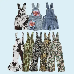 Cow print ruffle bell bottom girls denim overalls
