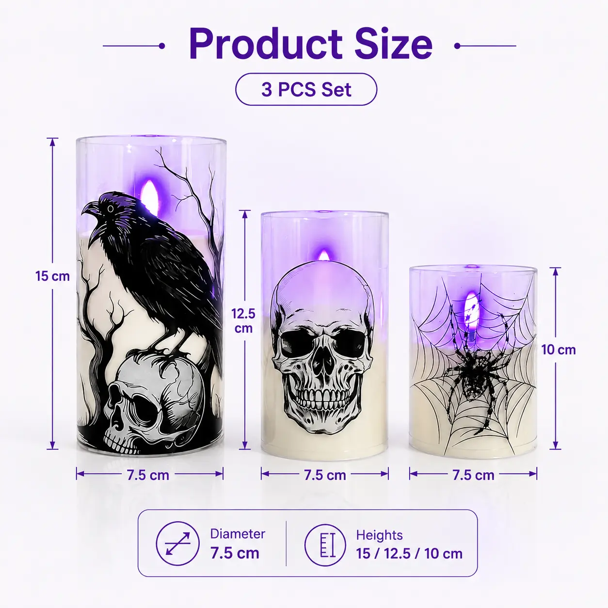 3-Piece Halloween Flameless Glass Candles - Skull, Raven, Spider Patterns, Purple LED Flickering, Battery-Operated Electronic Candles for Home Party, Window Mantel Decor