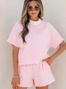 Women's Striped 2 Piece Outfits, Cuffed Short Sleeve Mock Neck Tee & Matching Shorts Set, Casual Comfortable Summer Lounge Set