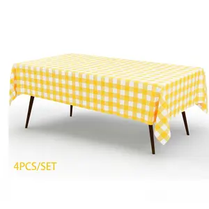 4Pcs Buffalo Disposable Table Cloth, Waterproof Plastic Tablecloth, Rectangle Yellow and White Checkered Table Covers for Picnic, Birthday, easter, Party supplies